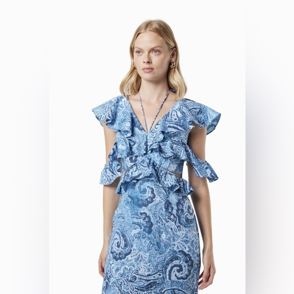 Elliatt Snow Printed Linen Gown Blue Floral Wedding Guest Vacation Summer - Picture 6 of 8